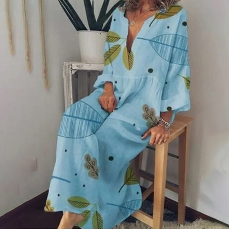 Light Blue Женские платья миди с v-образным вырезом и цветочным принтом размера плюс 5XL, белое платье с рукавом три четверти, летняя мода, свободная одежда для девушек - Цвет: Light Blue