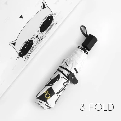 White 3 Fold Модный мультяшный Кот, анти УФ, женский зонтик, черное покрытие, защита от солнца, женские пляжные зонты, три складных и пять складных, Parapluie - Цвет: White 3 Fold