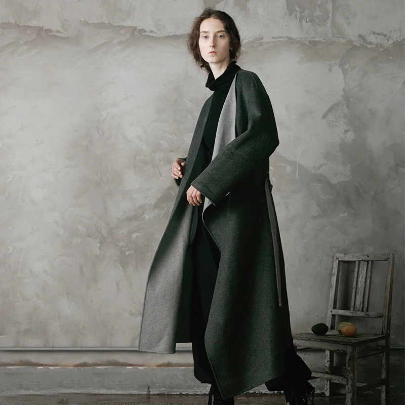 

2018 AW Collection original design simple asymmetrical long belted gray double faced wool coat women