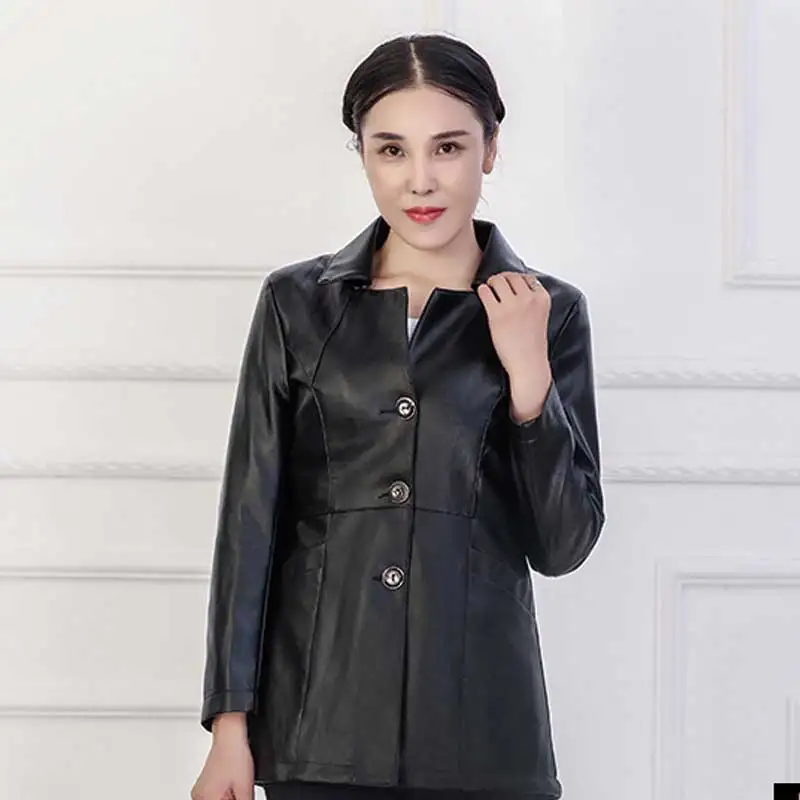 Autumn Women Wear Plus size PU Leather Jacket 2018 New Fashion Lapel Black Windbreaker Long Leather Jacket Mother Masks Parka