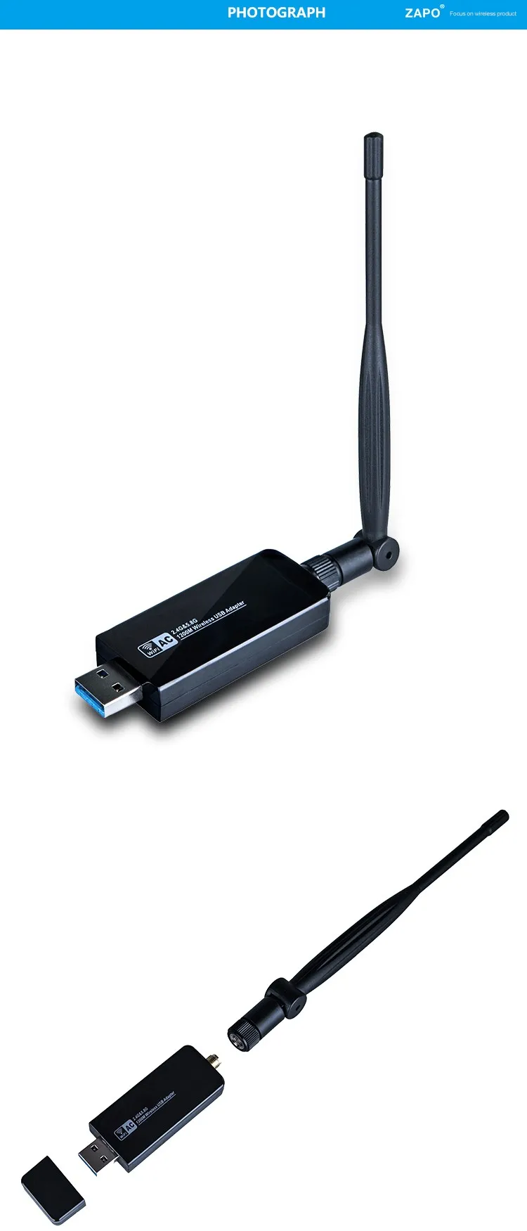 ZAPO Stronger 5.8G WIFI USB 3.0 1200 Мбит / с адаптер Dual Band 5dbi Антенна Беспроводная сетевая карта 802.11ac для Windows Linux Android