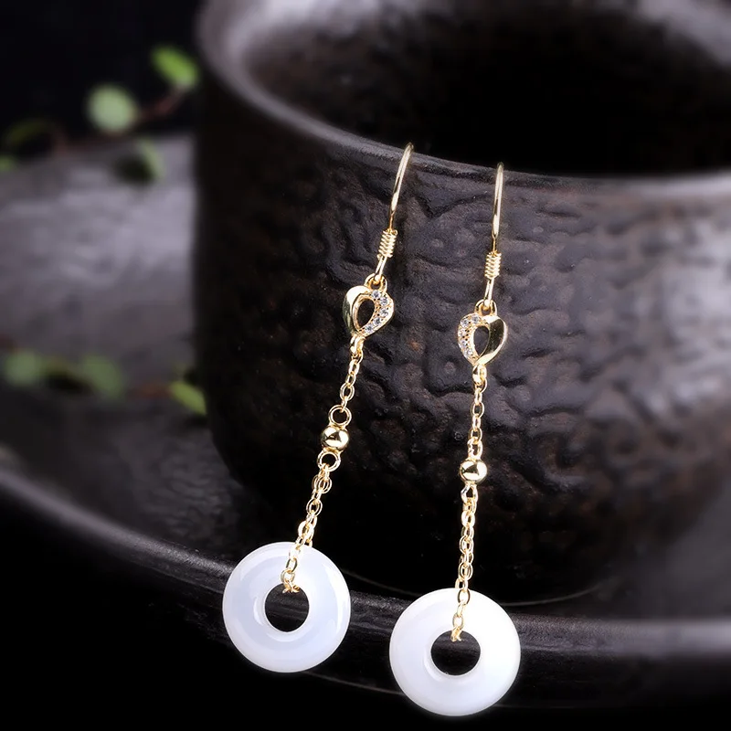 

2019 Original Natural Jade Long Drop Earrings For Women Golden Color Fashion 925 Sterling Silver Earrings Fine Jewelry Wedding
