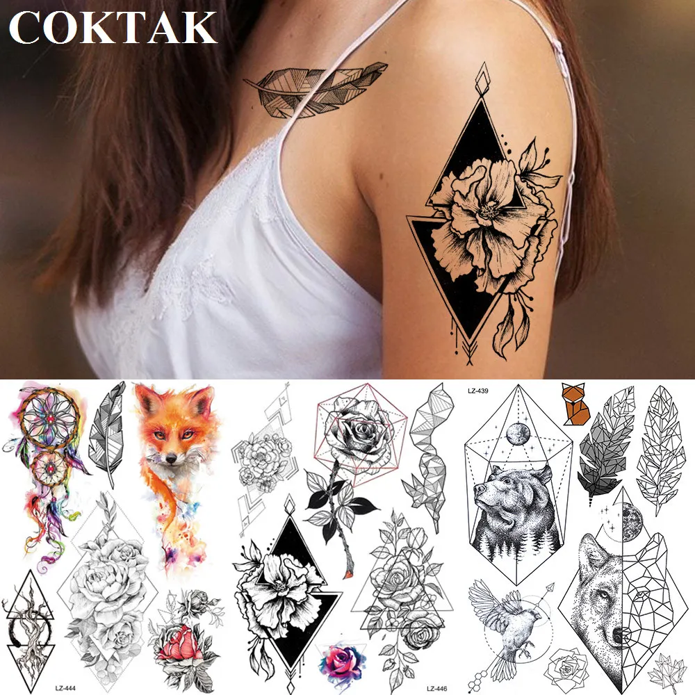 

COKTAK Geometric Rose Sexy Lily Camellia Temporary Tattoos Sticker Triangle Fox Diamond Custom Tattoo Body Art Wrist Fake Tatoos