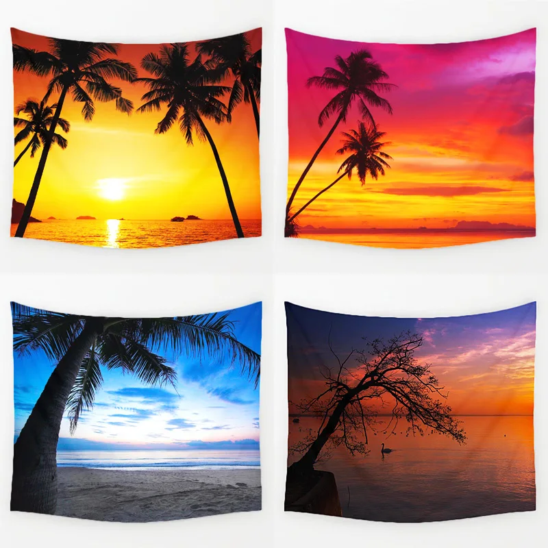 Comwarm Cozy Sunset Coastal Natural Scenery Wall Hanging Gobelin Mural Coconut Tree Printed Polyester Tapestry Bedroom Decor Art | Дом и сад