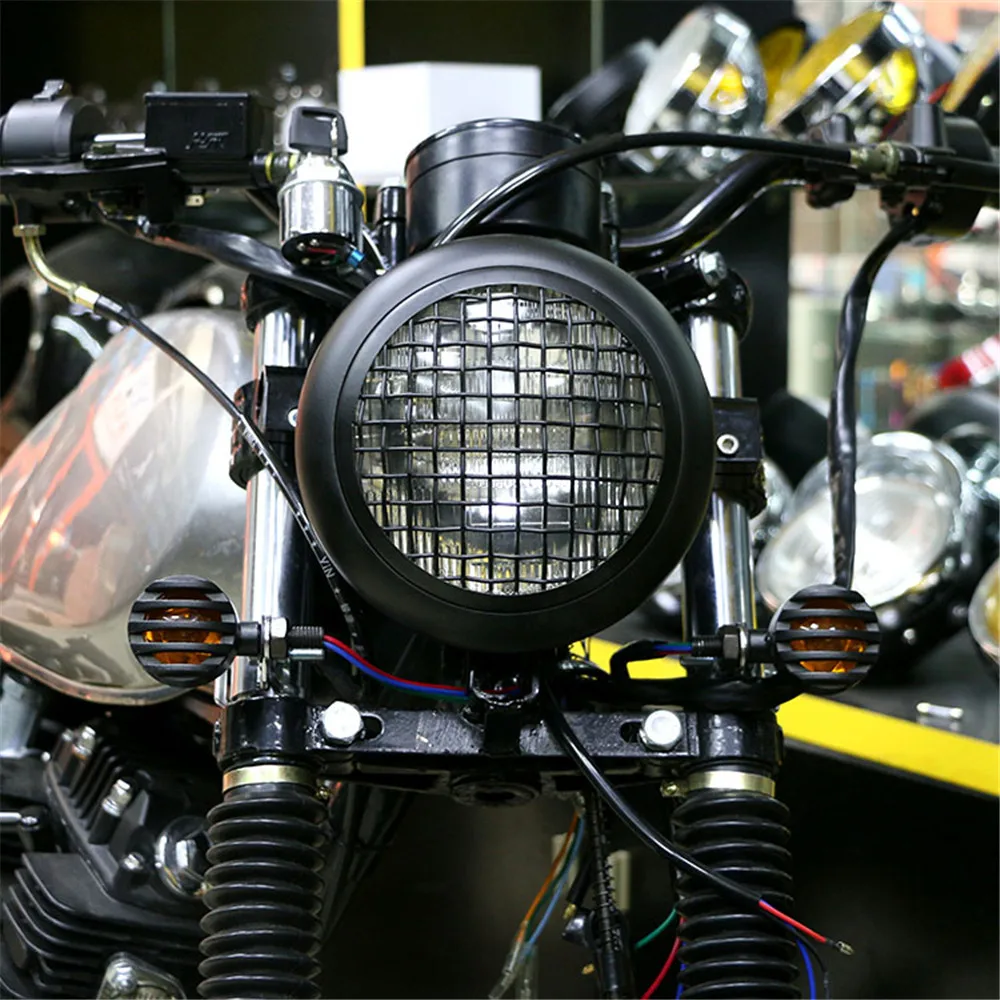 Черный гриль ретро фара для мотоцикла Передний фонарь универсальный Honda Yamaha Suzuki