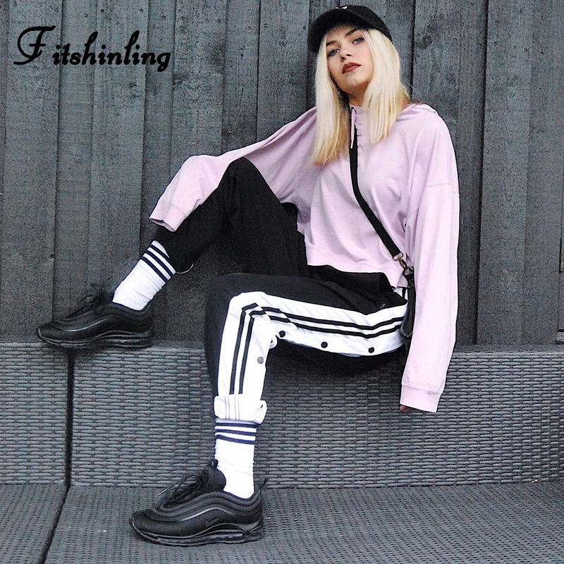 Fitshinling High street женские брюки с высокой талией спортивная одежда с пуговицами в полоску черные брюки для женщин прямые свободные джоггеры распродажа