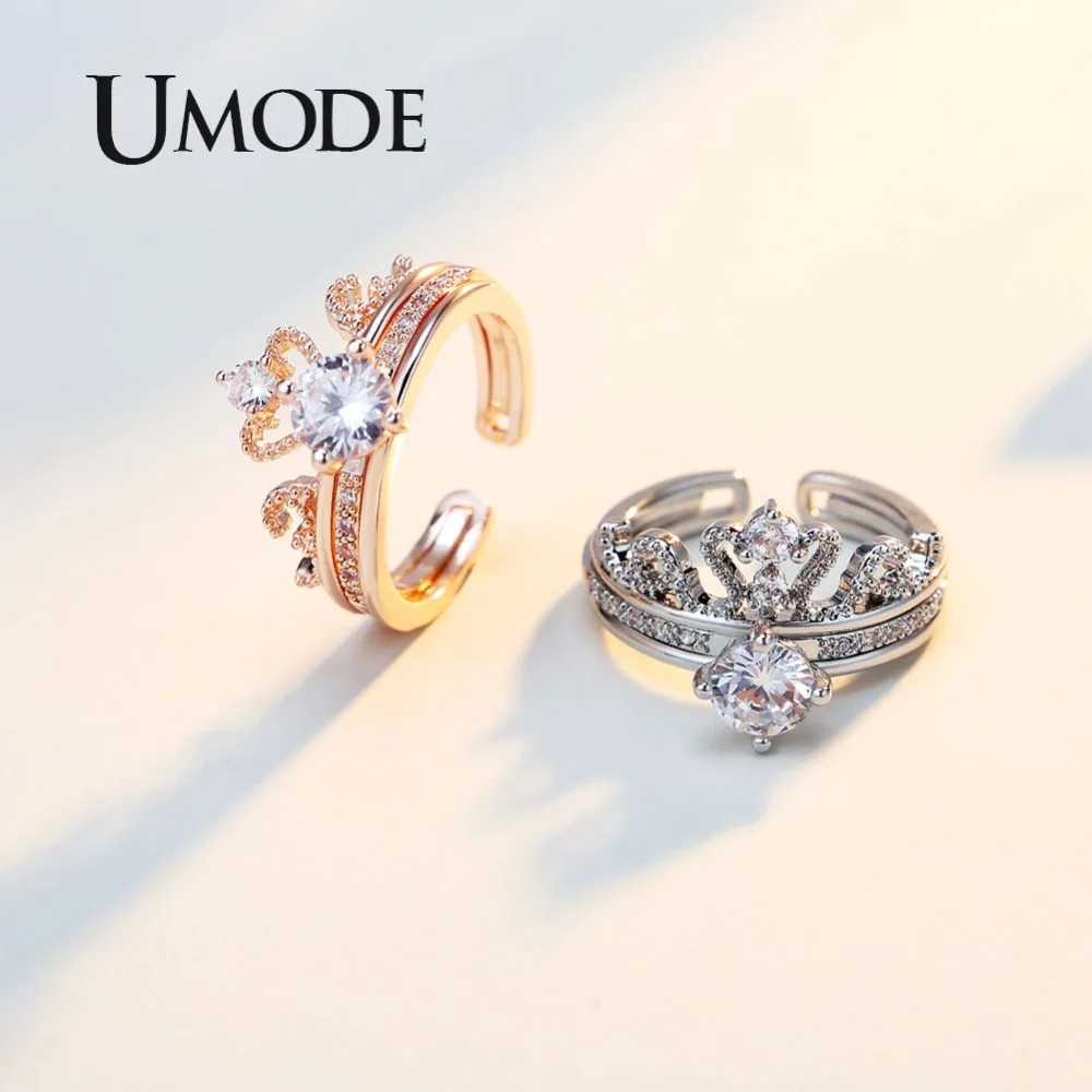 Женское кольцо с короной из циркония UMODE съемное двойное цвета розового золота