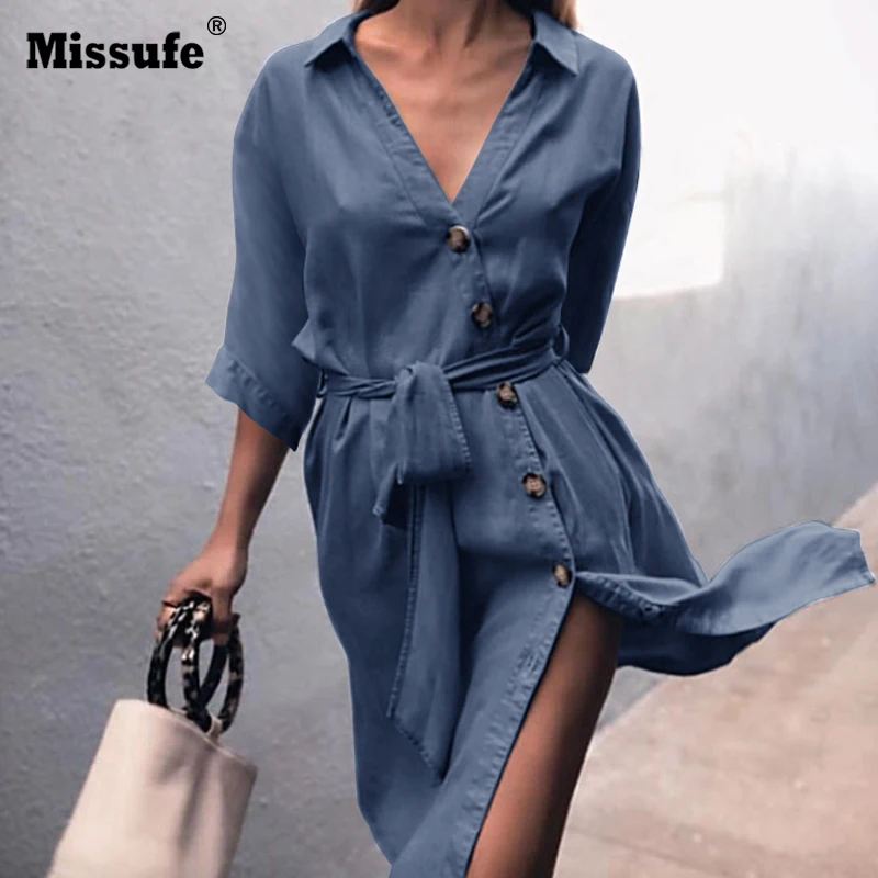 Missufe Sexy Bandage Denim Dress Female Casual Button V Neck Autumn Vestidos Split Elegant Robe Party Midi Beach Women's | Женская