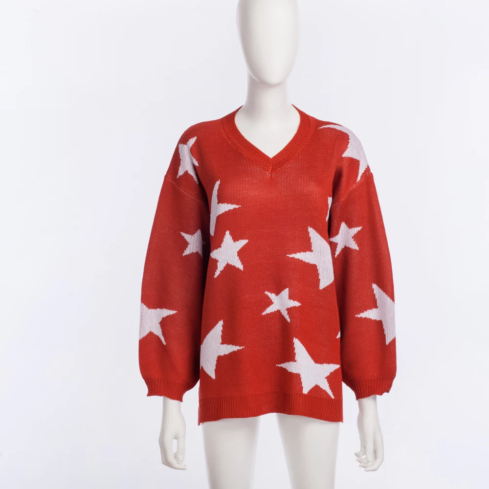 Star Sweater Women Fall Lazy Oaf Pullovers V Neck Long Sleeve Loose Knite 2019 Winter Clothes | Женская одежда