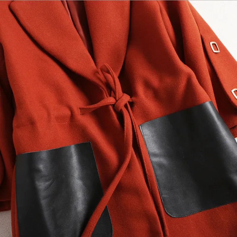 European New Style Elegant Woolen Coat Women Half Sleeve jacket Fashion Winter 2017 Ladies Slim PU Pocket Spliced Outwear coat |
