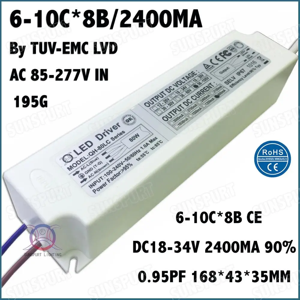 Высокий PFC 10-80 Вт COB AC85-277V светодиодный драйвер 600-2400mA DC5-40V постоянный ток внутри внешний IP67 10 Вт 20 Вт 30 Вт 80 Вт