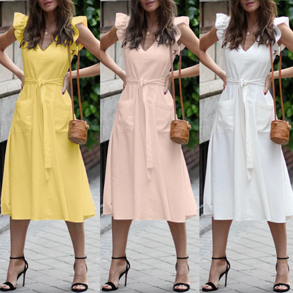 Платье женское летнее модное без рукавов с треугольным вырезом гофрированное