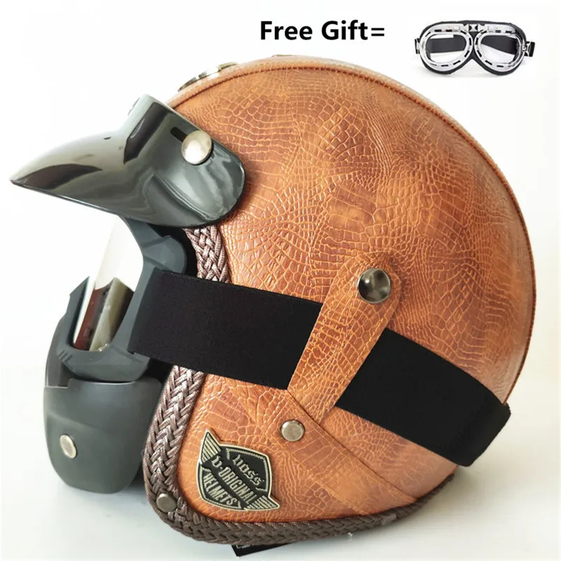 PU Crocodile leather Мотоциклетный шлем маленький корпус с открытым лицом 3/4 мотоциклетный шлем для мотокросса Каско Capacete шлем реактивный винтажный Ретро шлем матовый черный - Цвет: PU Crocodile leather