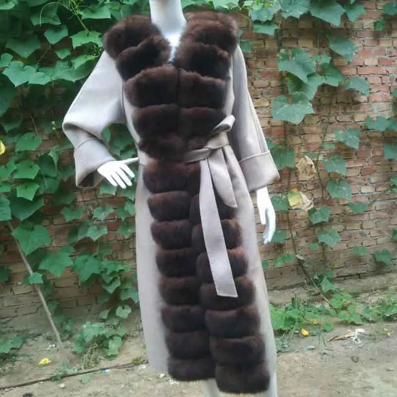 Tatyana Furclub, новинка, длинное пальто из натурального меха, Женская шерстяная куртка с воротником из лисьего меха, приталенная верхняя одежда, куртки размера плюс