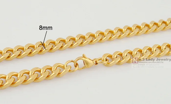 59.5cm 8mm MENS Gold Color GP Stainless Steel Curb Chain Necklace Hip Hop Jewellery 2018 Wholesale WN118 | Украшения и аксессуары