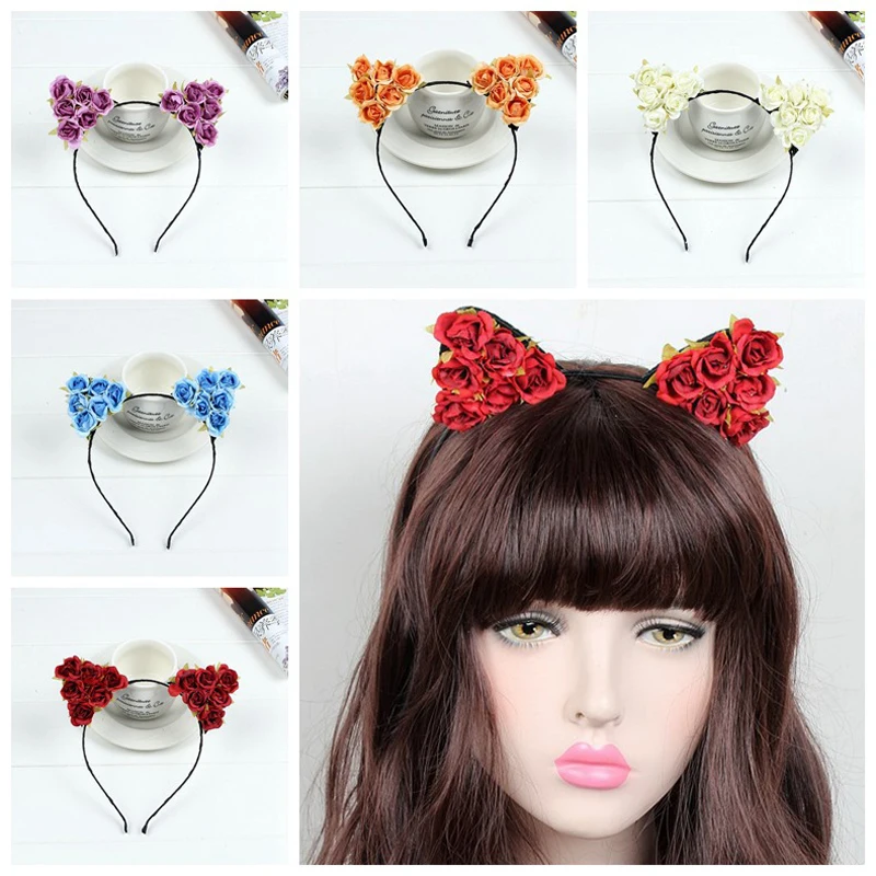CAUSE JOYACE Fashion Small Devil Cat Fabric Flowers HairBands Women Ears Floral Head Hoop Headwear in Girls Hair Accessories |