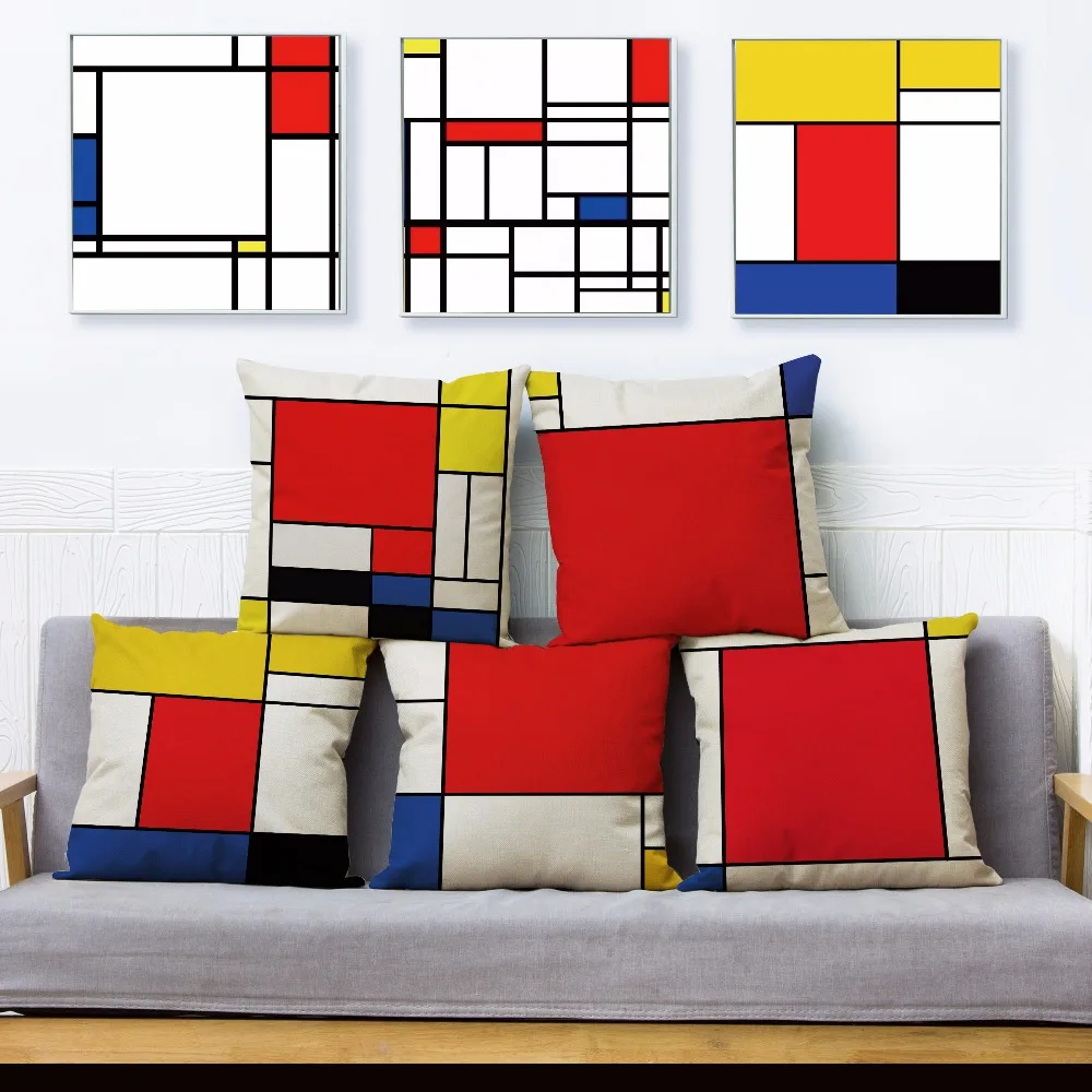 

Mondrian Yellow Geometric Stitching Throw Pillow Cover 45*45cm Square Cushion Covers Linen Pillows Cases Home Decor Pillow Case
