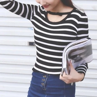 

Kerrilado The New Fashion Spring Autumn Winter Sexy Round Neck Sweater Hollow Stripe Long Sleeved Turtleneck Sweater A17