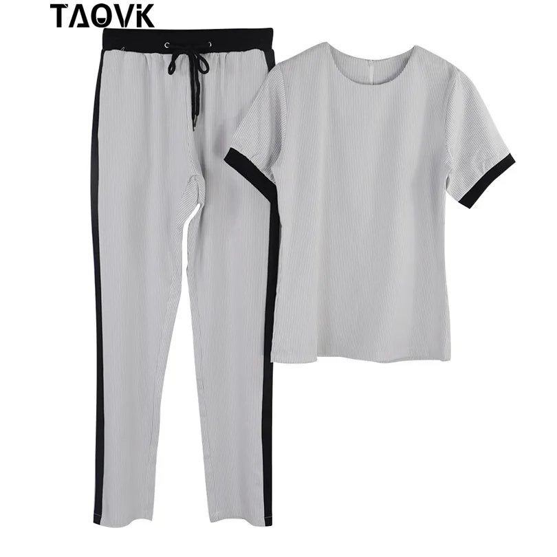 Light Grey Женский костюм-двойка TAOVK, серый/черный костюм с приталенным топом с короткими рукавами и брюками, спортивный костюм с футболкой и брюками - Цвет: Light Grey