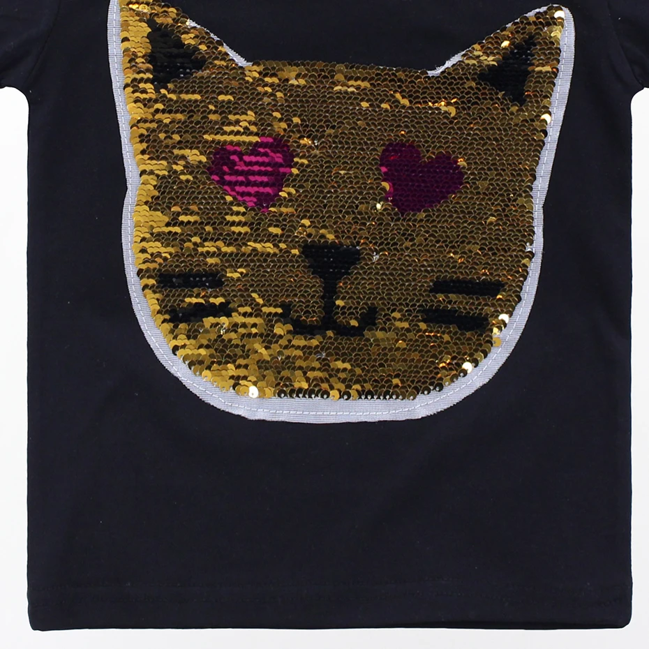 Летние рубашки для девочек модная футболка со сменными блестками и котом Детские