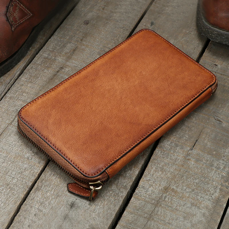 Удлиненный мужской кошелек на молнии бумажник ручной работы из растительного