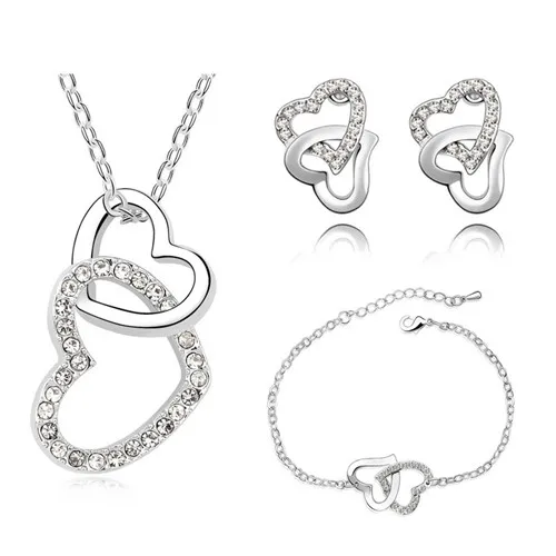 brand wedding Free Shipping Czech Crystal rhinestones Double Heart necklace bracelet earrings fashion Jewelry Sets accessories | Украшения