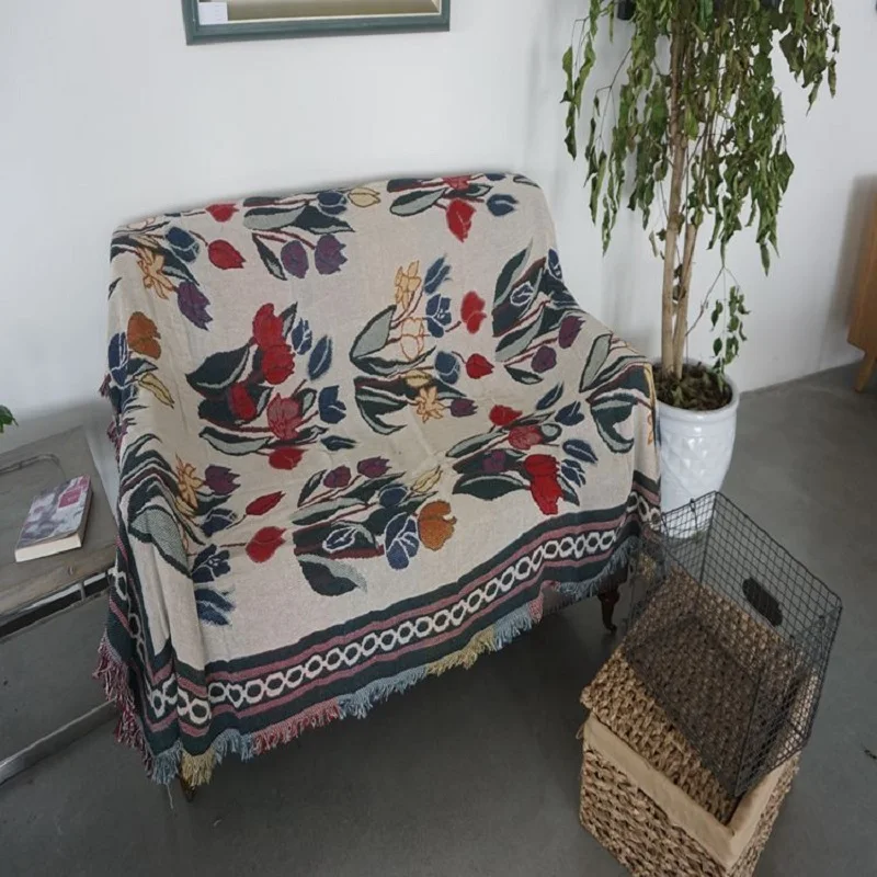 

Quality Cotton Blanket for Sofa Cover Decorative Thick Blankets Carpet AB-Side Coverlet 3-Sizes Tulip Jacquard Bedspread