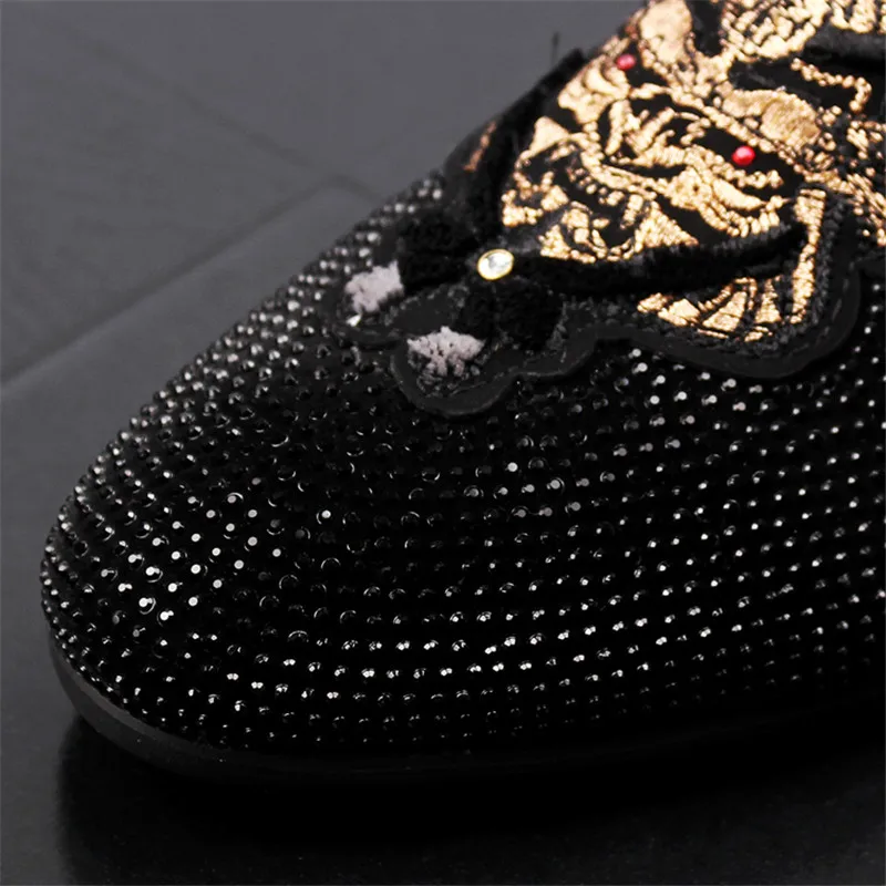 Handmade Black Rhinestone Shoes Luxurious Men Leather Loafers Fashion Party And Wedding Men's Casual Embroidery D50 | Обувь