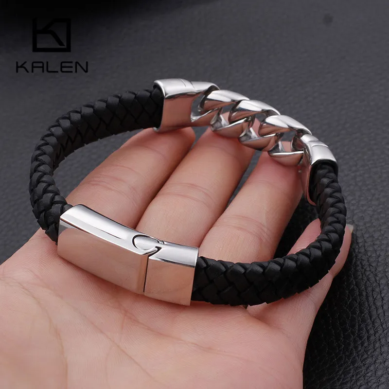 Мужской плетеный кожаный браслет Kalen 22 см из нержавеющей стали винтажная