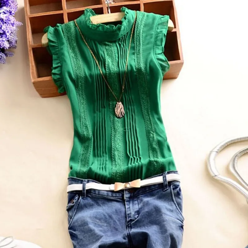Office Lady Casual Summer Blouse Top Retro Women Reffle Shirt Chiffon S-XL | Женская одежда