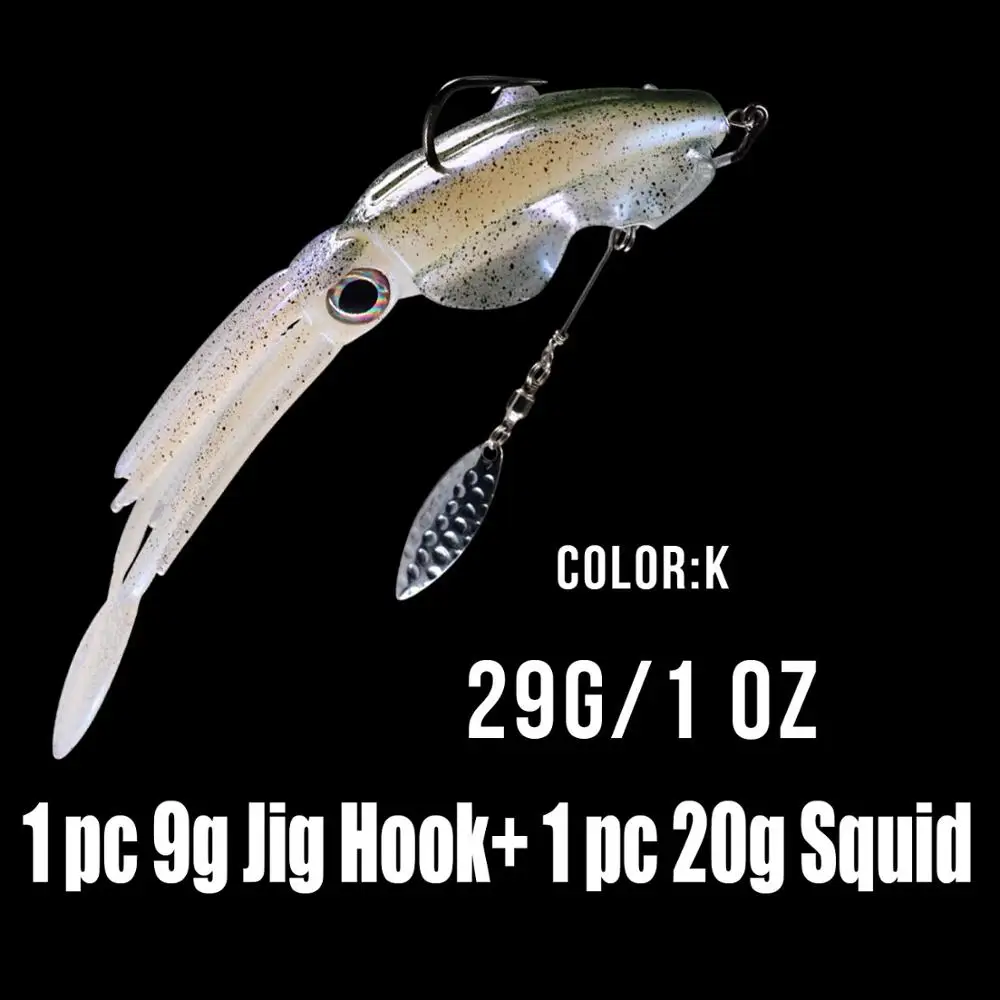 1pcs Color K Thkfish светящаяся Мягкая приманка для кальмаров, 20 г, 3D глаза, приманка для морской рыбалки, осьминог с лезвием 9 г, крючок для соленой воды - Color: 1pcs Color K