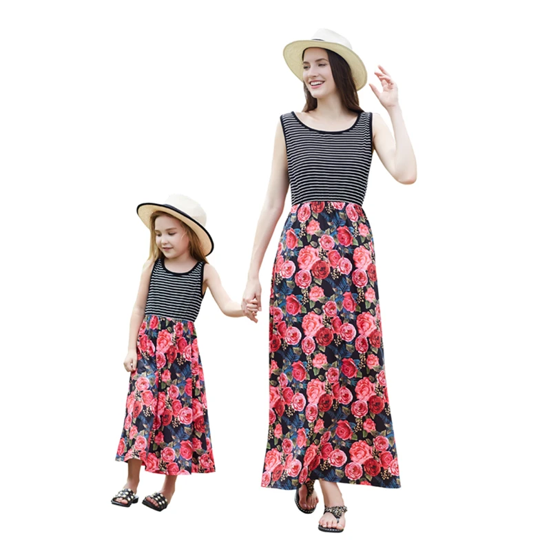Летнее платье в полоску для мамы и дочки Повседневная Длинная юбка Пляжное с