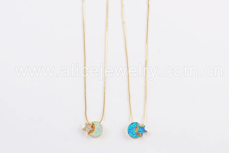 BOROSA New Arrivals! 5PCS 17inch Crescent& Star Gold Color Gems Man-made Opal Pendant Beads Necklace women Jewelry G1573