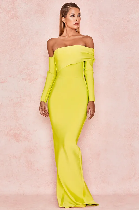 High Quality Yellow Slash Neck Long Sleeve Bodycon Rayon Bandage Dress Cocktail Party | Женская одежда