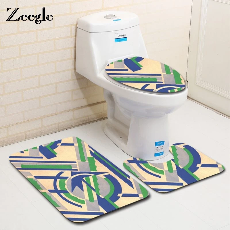 

Zeegle Creative Pattern 3Pcs Toilet Rug Set Bathroom Mats Warm Washable Carpets for Bathroom and Toilet Anti-slip Bath Mats Pads