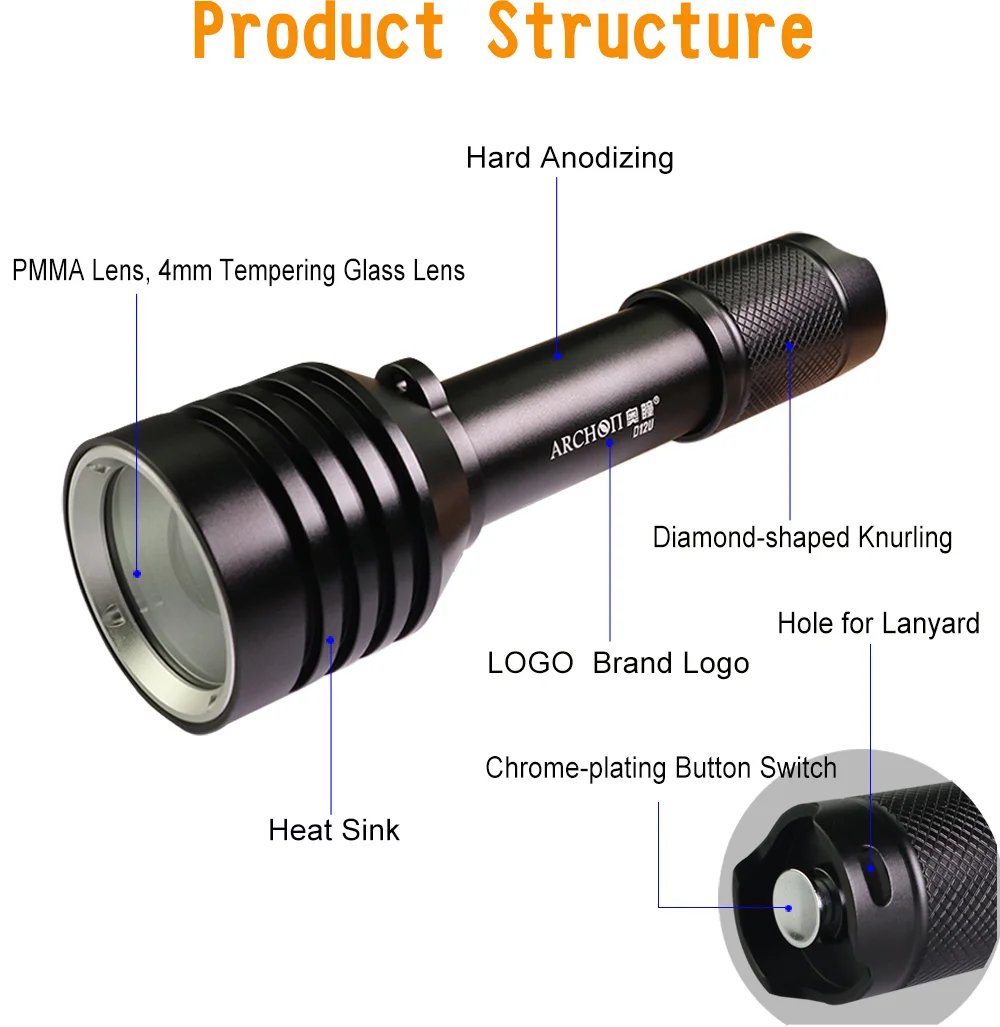 ARCHON D12U Дайвинг фонарик 100 м Zoomable Dive Light(белый+ красный+ синий свет CREE светодио дный) 1200 люмен подводный фонарик