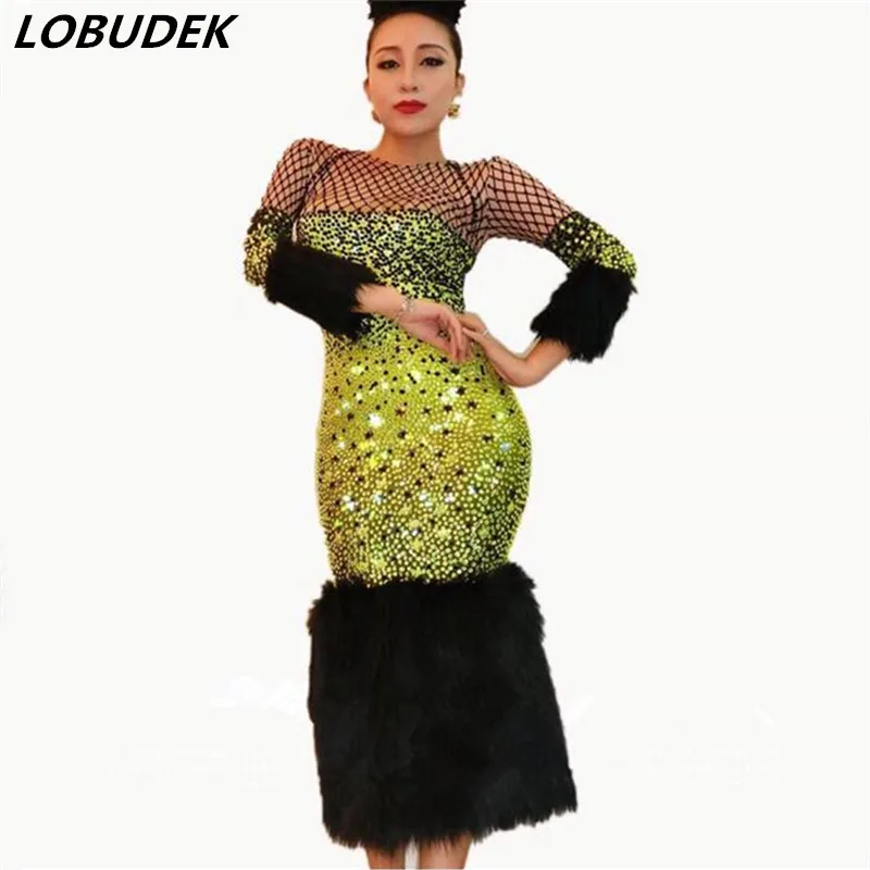 Платье стразы с черными желтыми волосами сексуальный женский костюм Блестящие