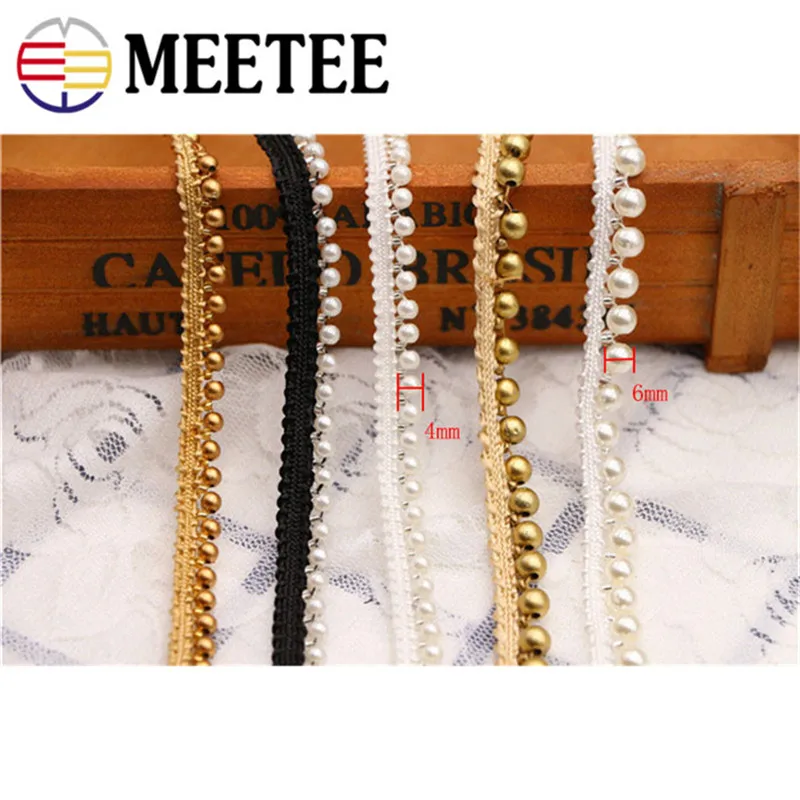 Кружевная обшивка Meetee 5 ярдов 1 см с золотым жемчугом украшенная бусинами ручная