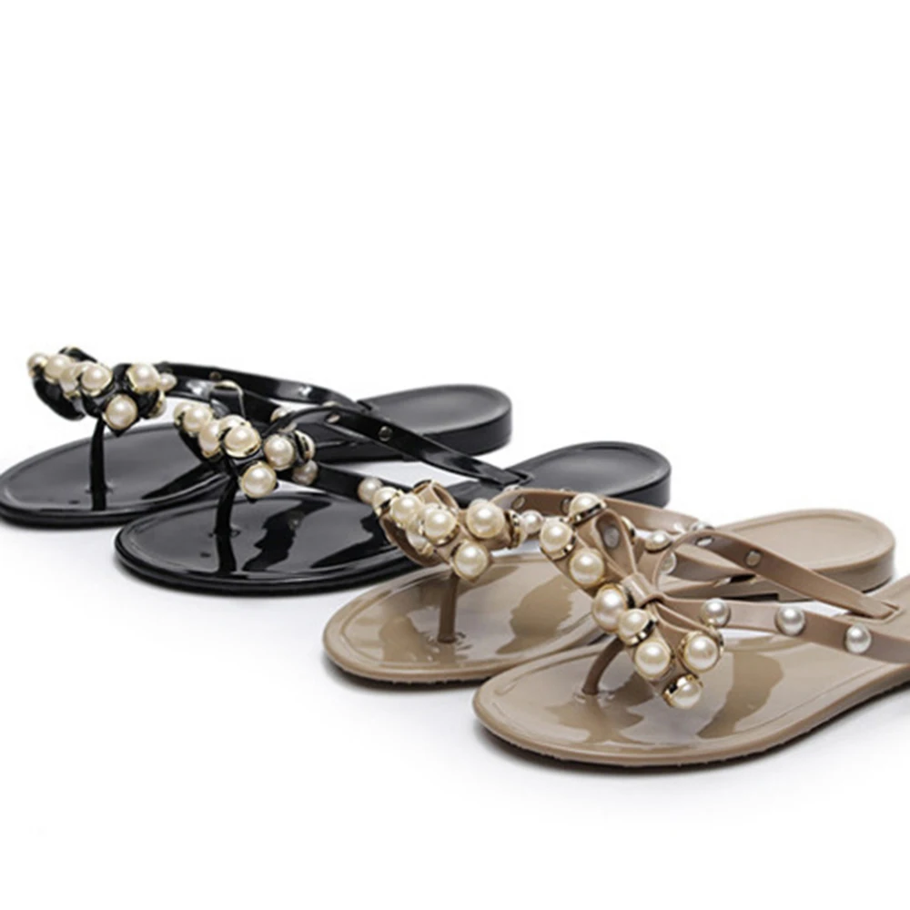 Сандалии-желе женские с бантом и жемчугом повседневные пляжные шлепанцы из ПВХ