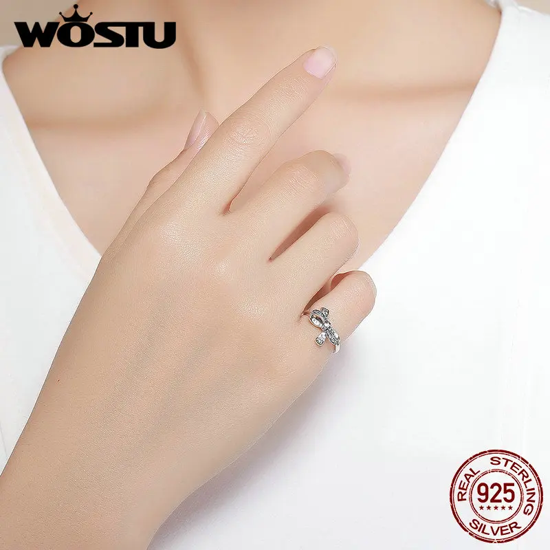 WOSTU Настоящее серебро 100% 925 пробы любовь бант палец кольца для женщин модные