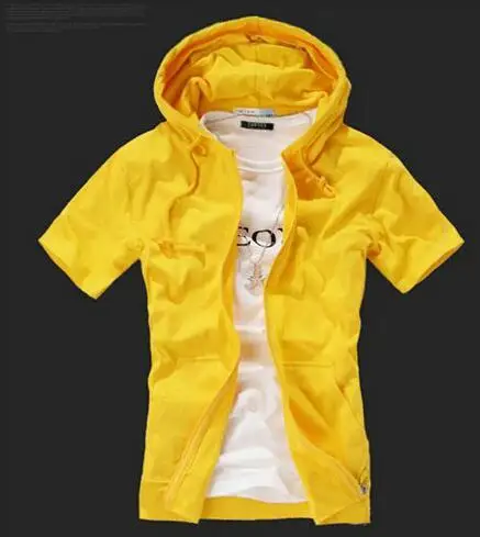 yellow Лидер продаж мужская с коротким рукавом футболка с капюшоном мужские однотонные повседневные тонкие свитер-пальто пару моделей весной и - Цвет: yellow