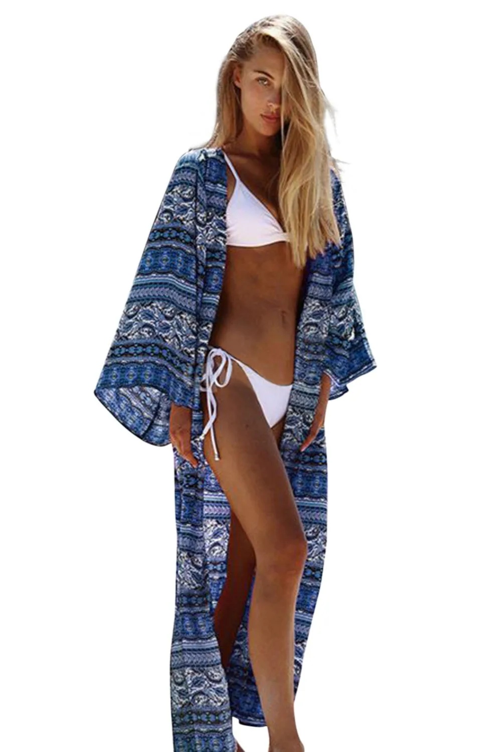 Boho пляжная одежда с принтом длинным рукавом открытой передней бикини кардиган