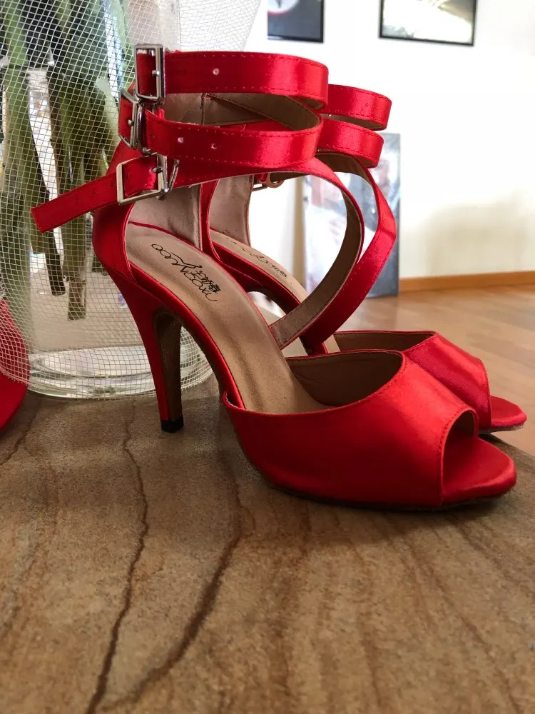 

Women Latin Ballroom Dance Shoes High Heel 10 cm Red Satin Woman Tango Shoes Salsa Shoes for Social Party 1611