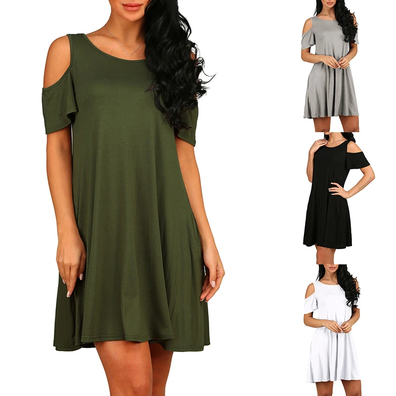 Сексуальное женское однотонное платье с открытыми плечами свободное вырезом