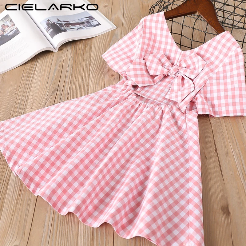 Cielarko Girls Plaid Dress Backless Bow Vintage Kids Dresses Summer Classic Baby Frock Short Sleeve Casual Children Clothing | Детская