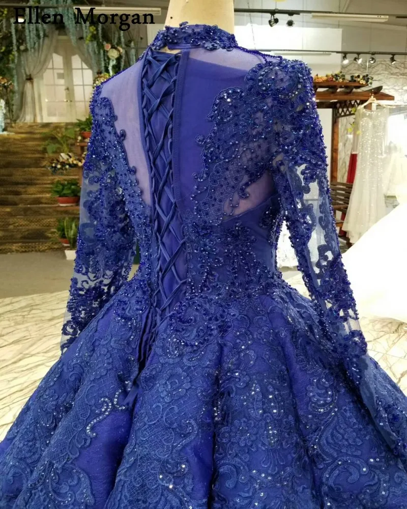 Royal Blue Long Sleeves Wedding Dresses 2019 for Women Lace up High Neck Floor Length Lace Pearls Ball Gowns Puffy Bridal Gowns