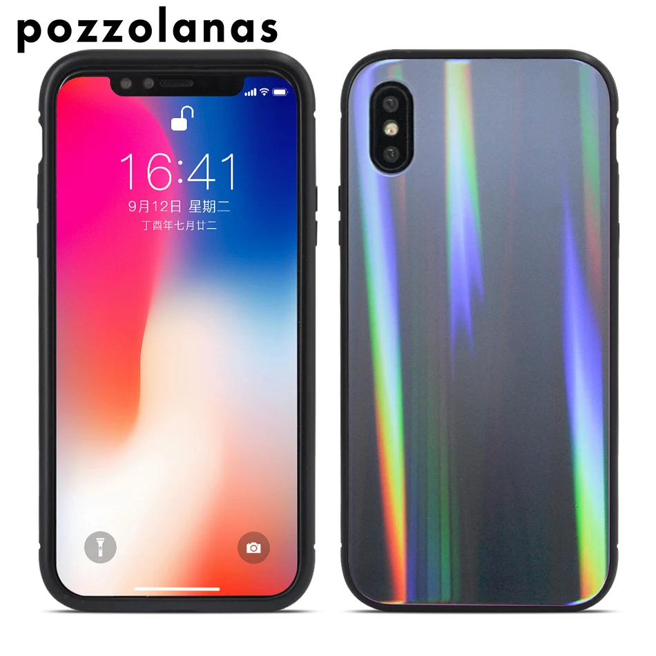Pozzolanas Phone Soft Case Magnet Flip For iPhoneX Fashion luxury Aurora gradient glass Silicone Waterproof Anti-knock |