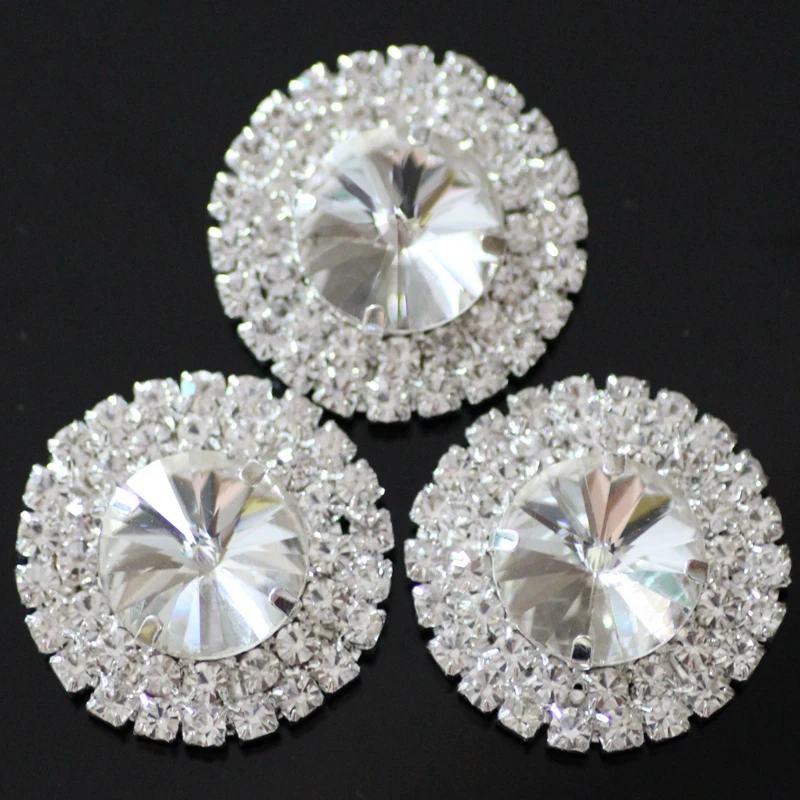 

10pcs/lot Big Size 32mm Crystal Rhinestones Buttons With 3 Hole Silver Flat Base,Sew on Strass For DIY Garments