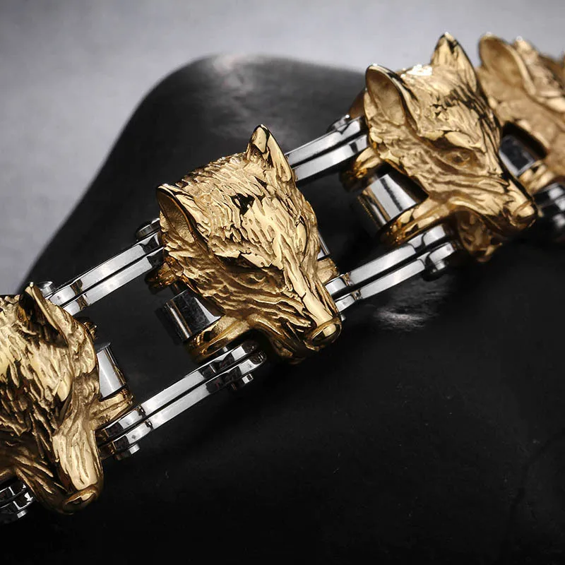

Gold Domineering men 's jewelry titanium bracelet wolf head stainless steel bracelet chain bracelet