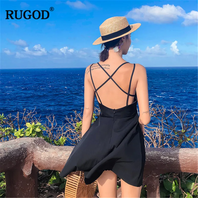 Женское платье на бретельках RUGOD черное пляжное мини-платье с открытой спиной и